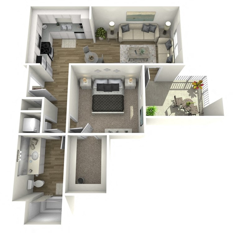 Floor plan for 1 bed, 1 bath, 722 sqft